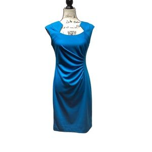 Calvin Klein sleeveless ruched dress. Deep turquoise blue. Size 4 NWT